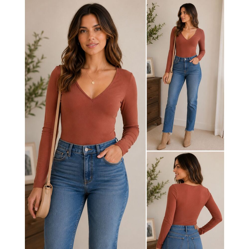 SHAPELLX V Neck Bodysuit Women’s Brown Long Sleeve Shapewear Top Snap Closure